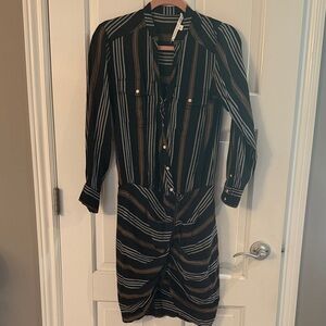 Veronica Beard Black and Brown Striped Long Sleeve Dress